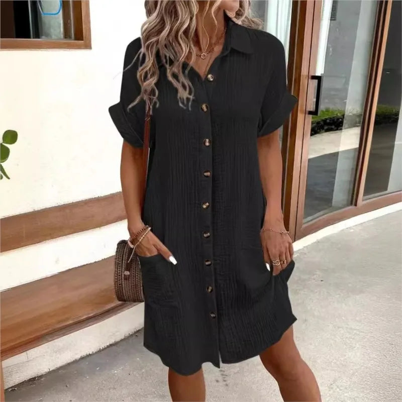 Robe Chemise en Lin et Coton avec Boutons et Poches pour Femme