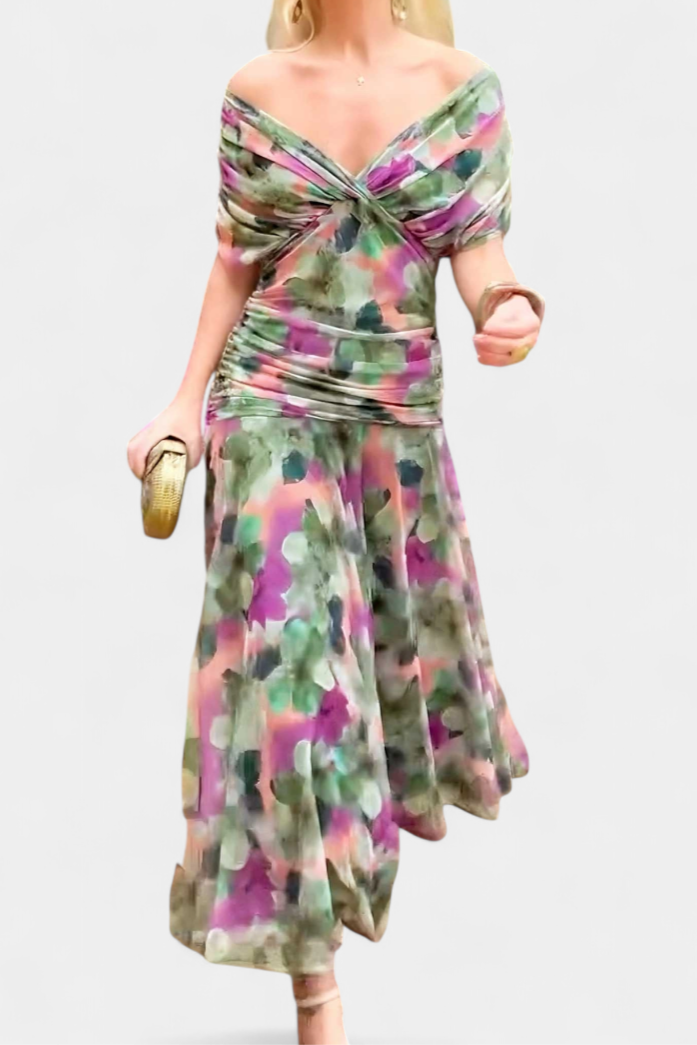 Robe longue femme — décolleté en V et corps froncé — mariage