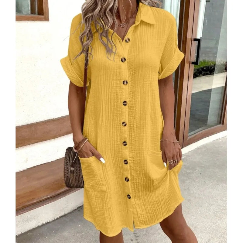 Robe Chemise en Lin et Coton avec Boutons et Poches pour Femme