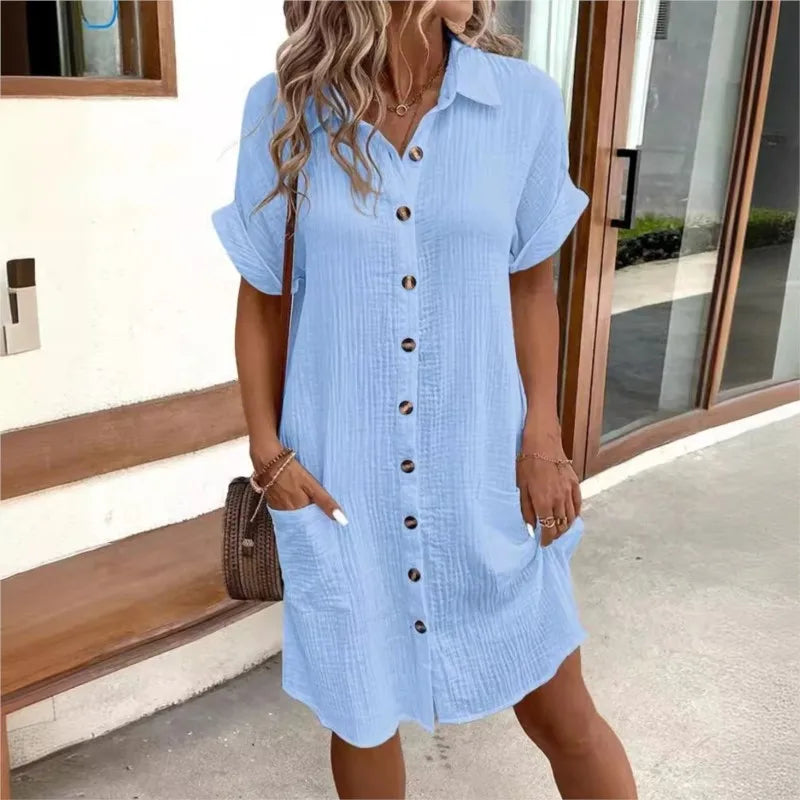 Robe Chemise en Lin et Coton avec Boutons et Poches pour Femme