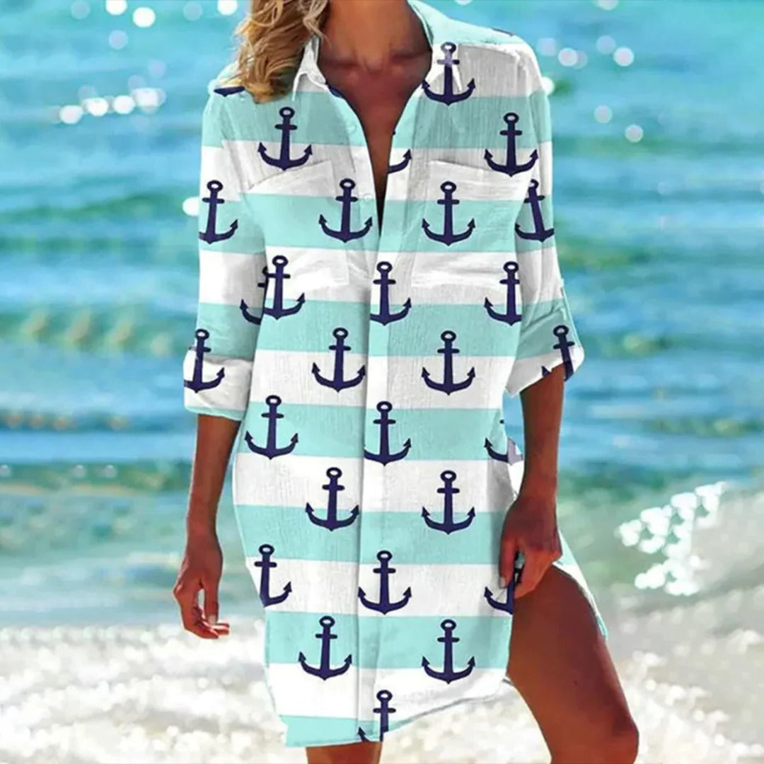 Robe Chemise Imprimée Tropicale pour Femme, Couverture de Plage avec Manches Réglables