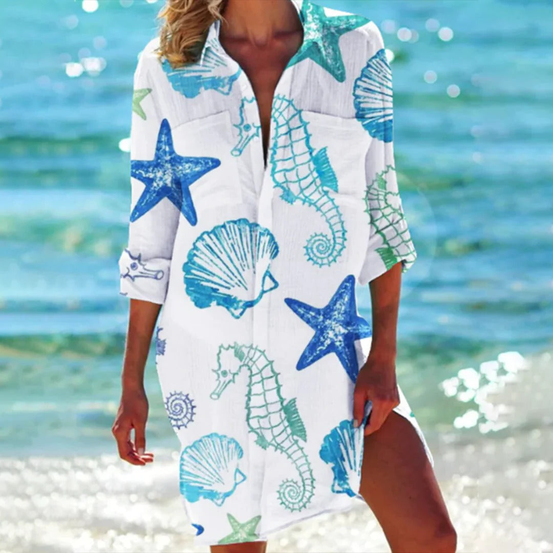 Robe Chemise Imprimée Tropicale pour Femme, Couverture de Plage avec Manches Réglables