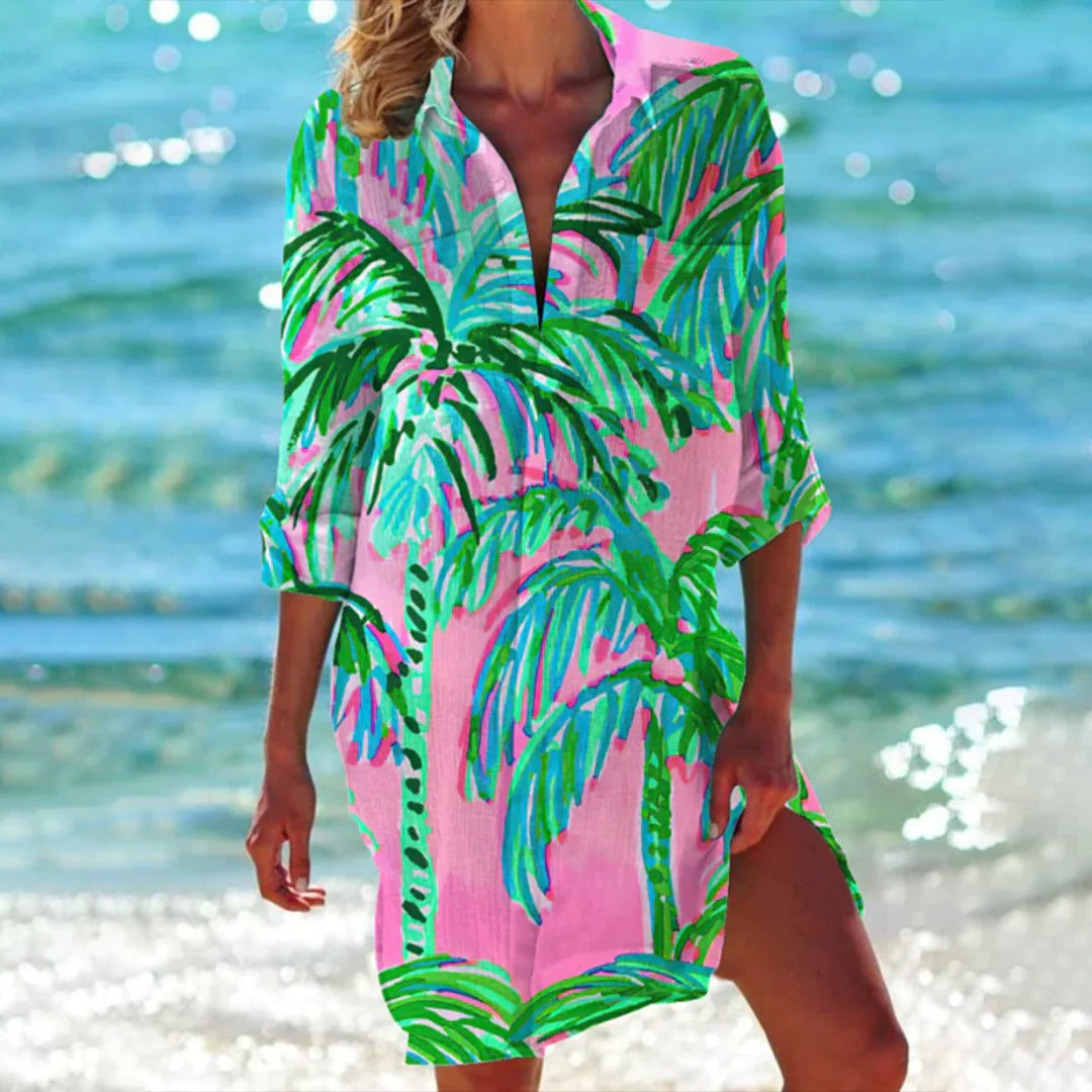 Robe Chemise Imprimée Tropicale pour Femme, Couverture de Plage avec Manches Réglables