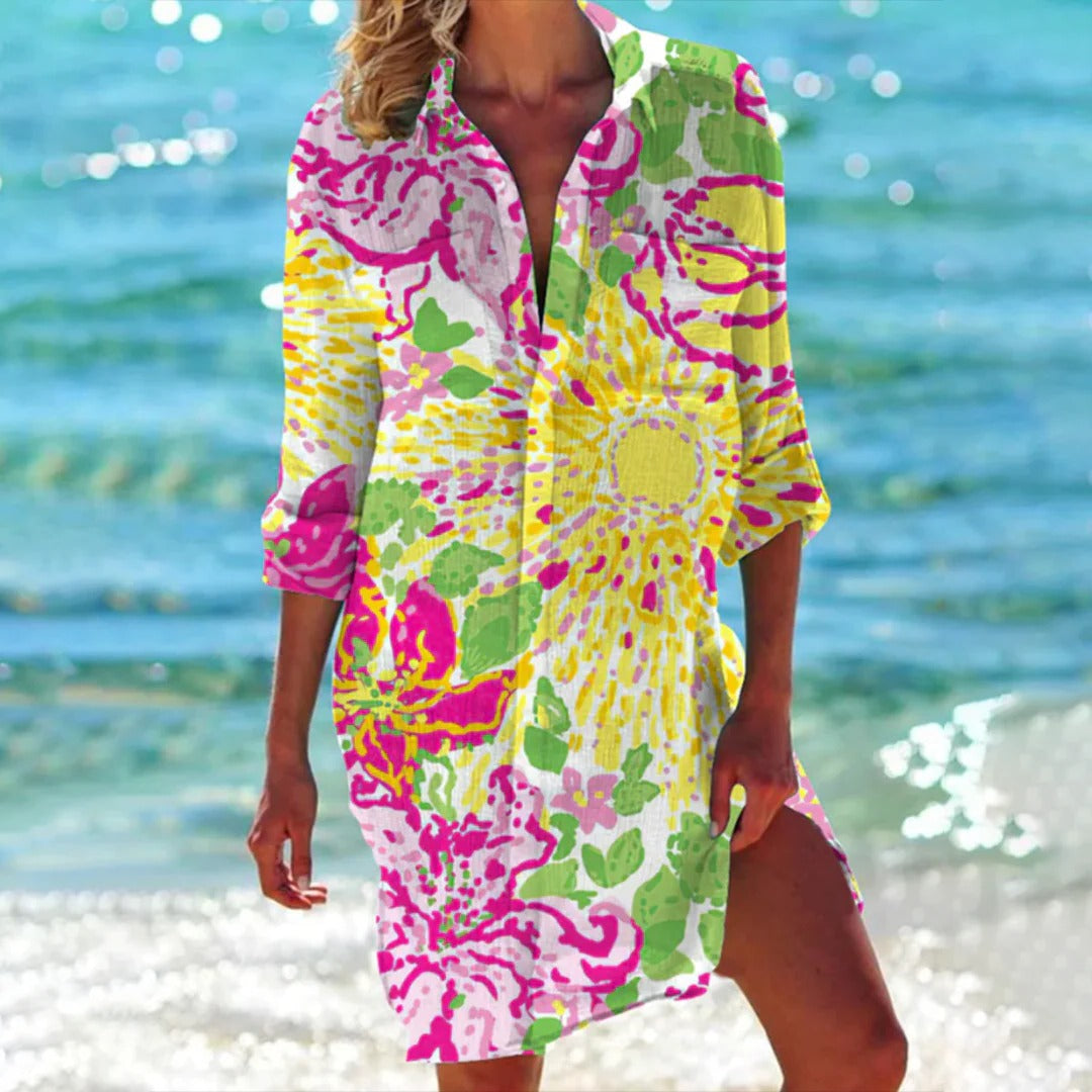 Robe Chemise Imprimée Tropicale pour Femme, Couverture de Plage avec Manches Réglables