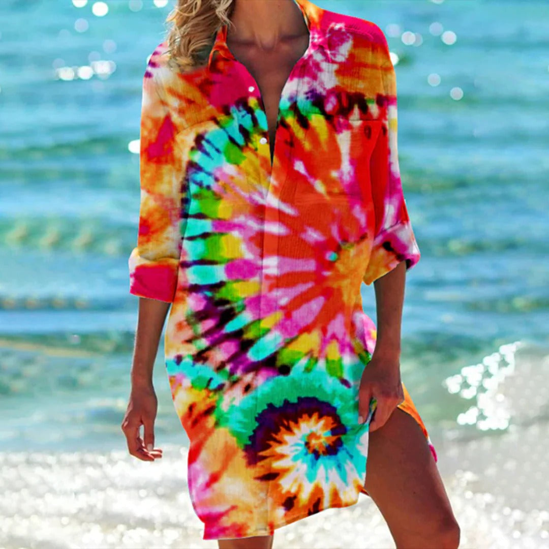 Robe Chemise Imprimée Tropicale pour Femme, Couverture de Plage avec Manches Réglables