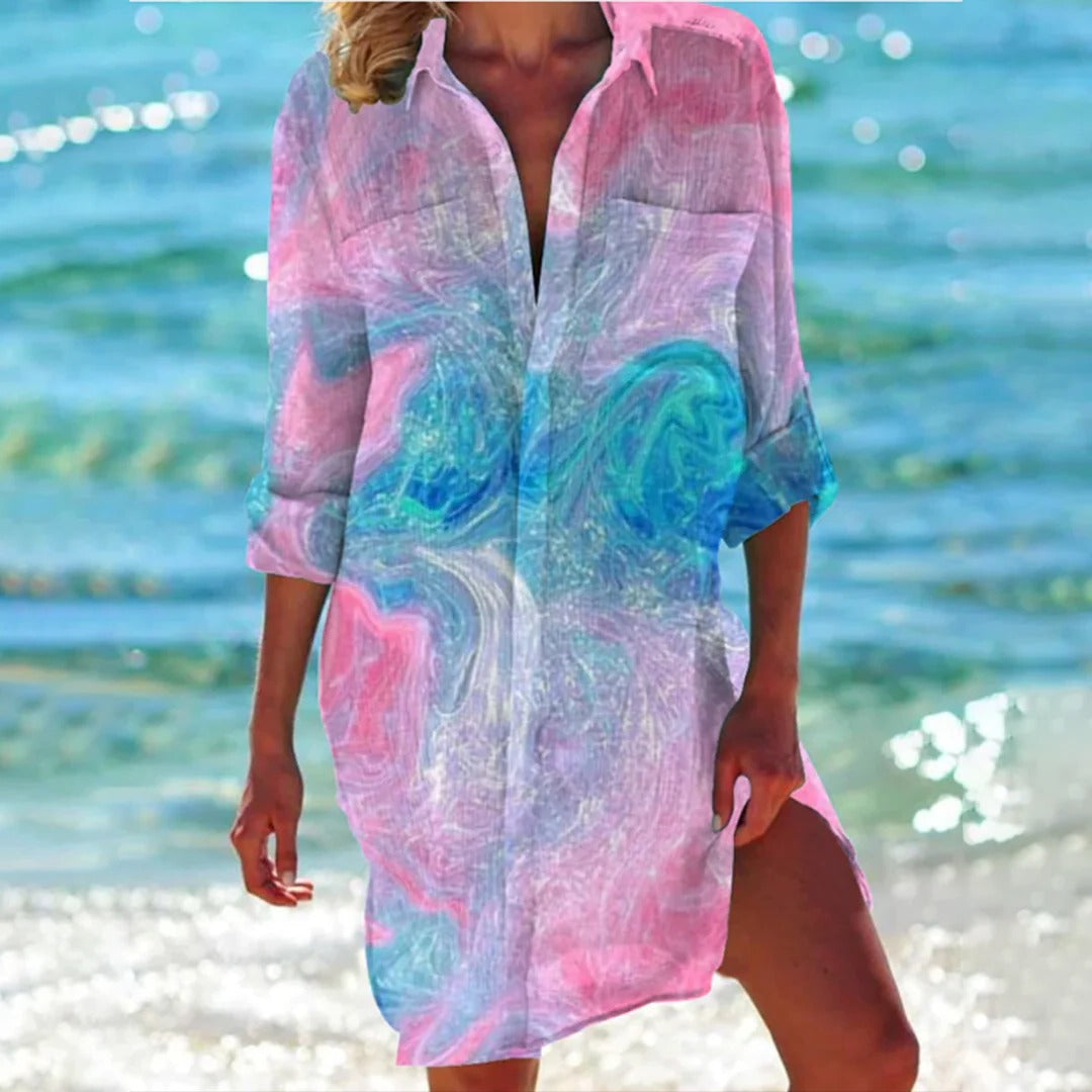 Robe Chemise Imprimée Tropicale pour Femme, Couverture de Plage avec Manches Réglables