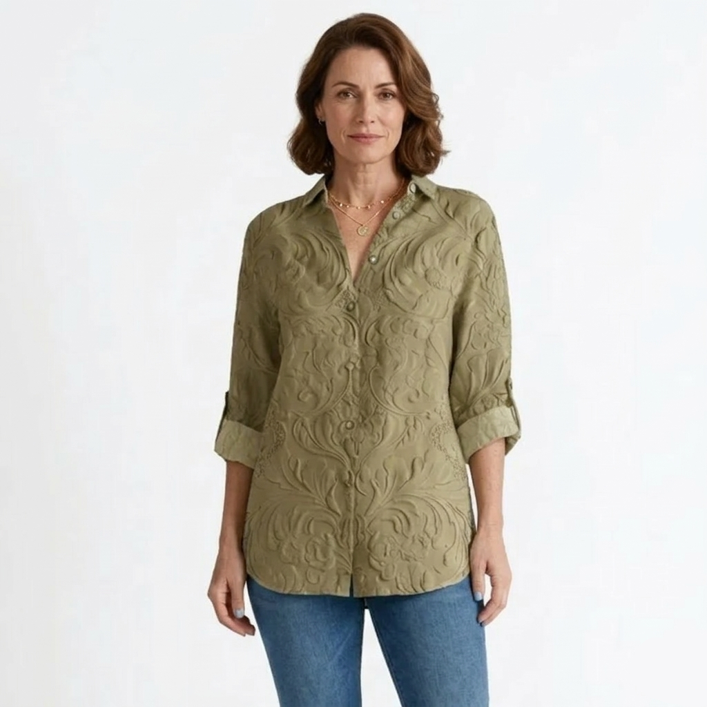 Blouse Élégante Florale Coupe Classique Manches Trois-Quarts