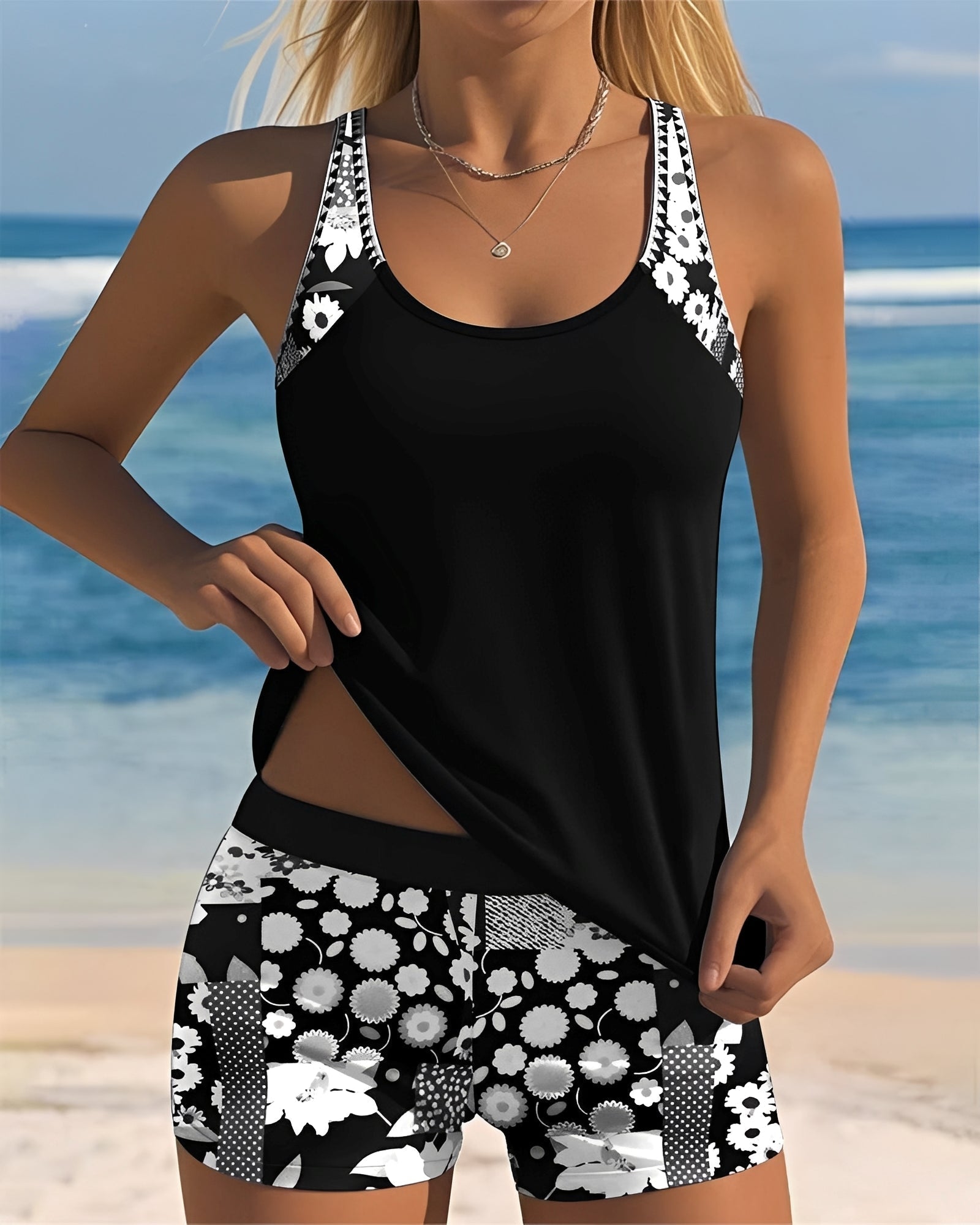 Maillot de Bain Tankini Deux Pièces avec Imprimé et Pantalons Taille Haute pour Femme