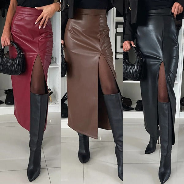 Zamarah | Jupe en Similicuir Taille Haute avec Fente