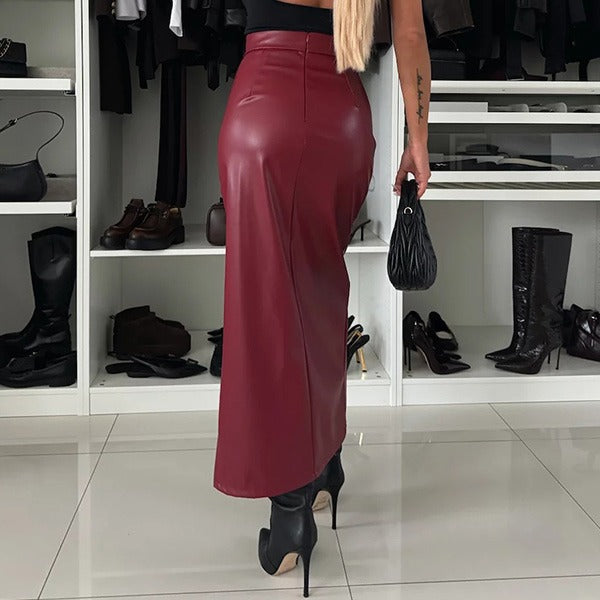 Zamarah | Jupe en Similicuir Taille Haute avec Fente