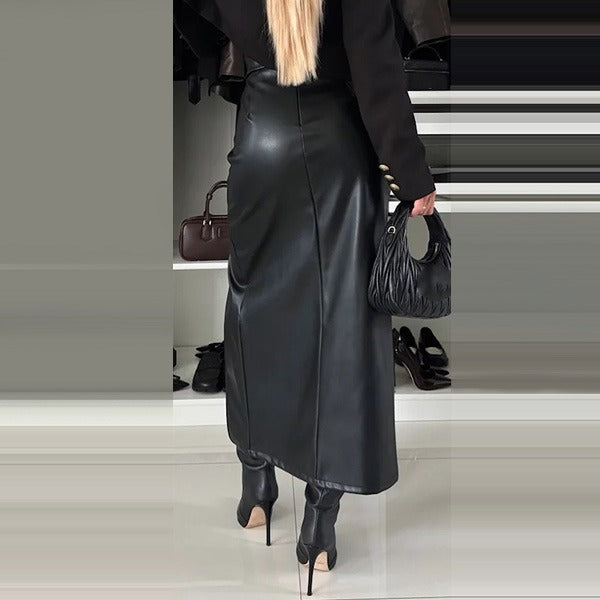Zamarah | Jupe en Similicuir Taille Haute avec Fente