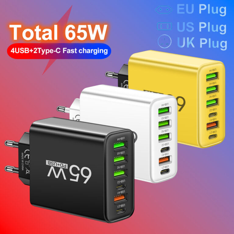 PowerMax 65W Chargeur Rapide 6-en-1 – Charge Jusqu'à 6 Appareils Simultanément – Idéal Pour la Maison, le Bureau et les Voyages