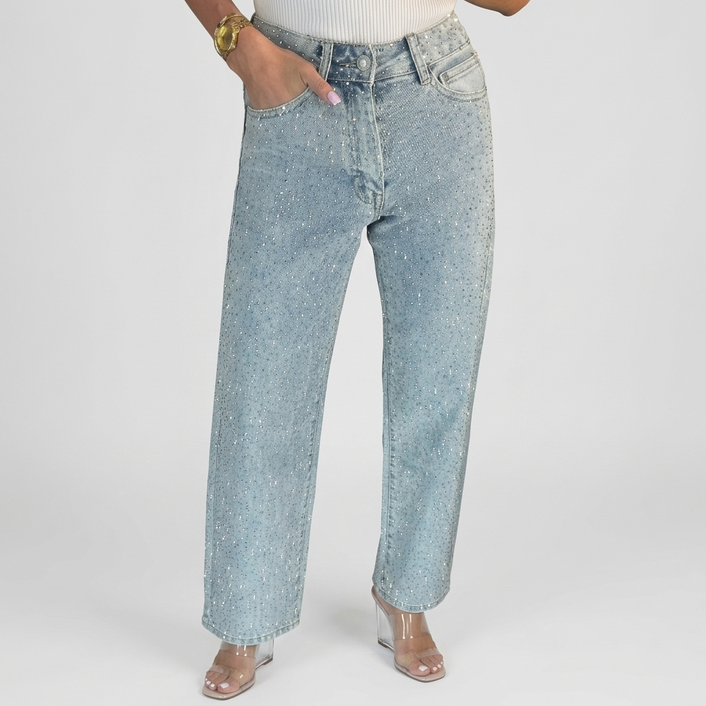 Jean Femme Pailleté Jambe Large Taille Haute Pantalon Denim Tendance