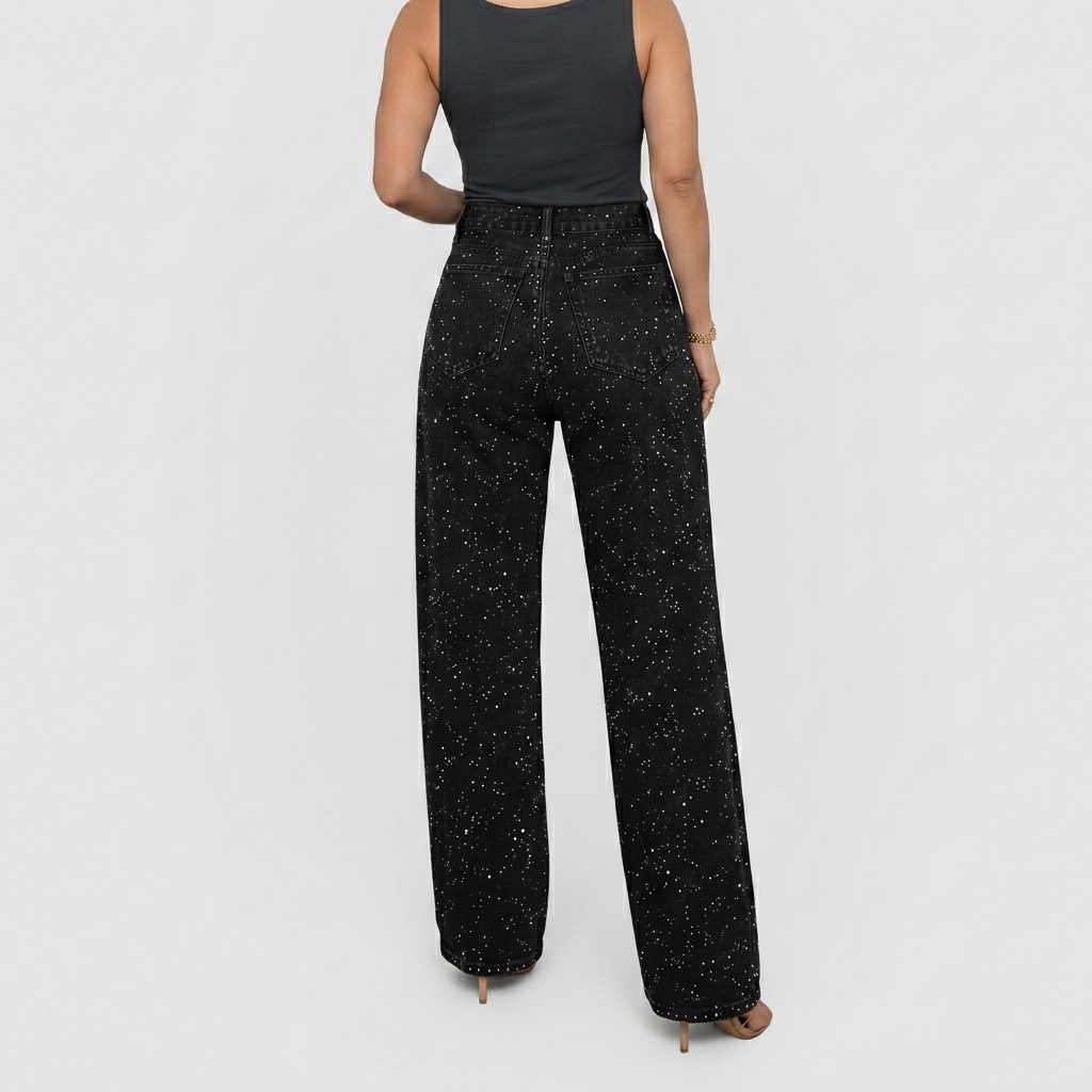 Jean Femme Taille Haute Coupe Droite Pantalon Denim Scintillant