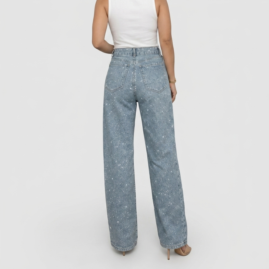 Jean Femme Taille Haute Coupe Droite Pantalon Denim Scintillant