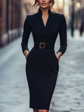 Wynter | Robe noire élégante, cintrée et avec ceinture