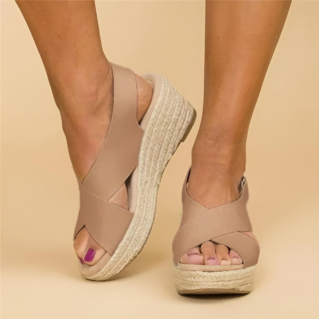 Sandales en Cuir à Talon Wedge Type Espadrille avec Bandes Croisées pour Femme