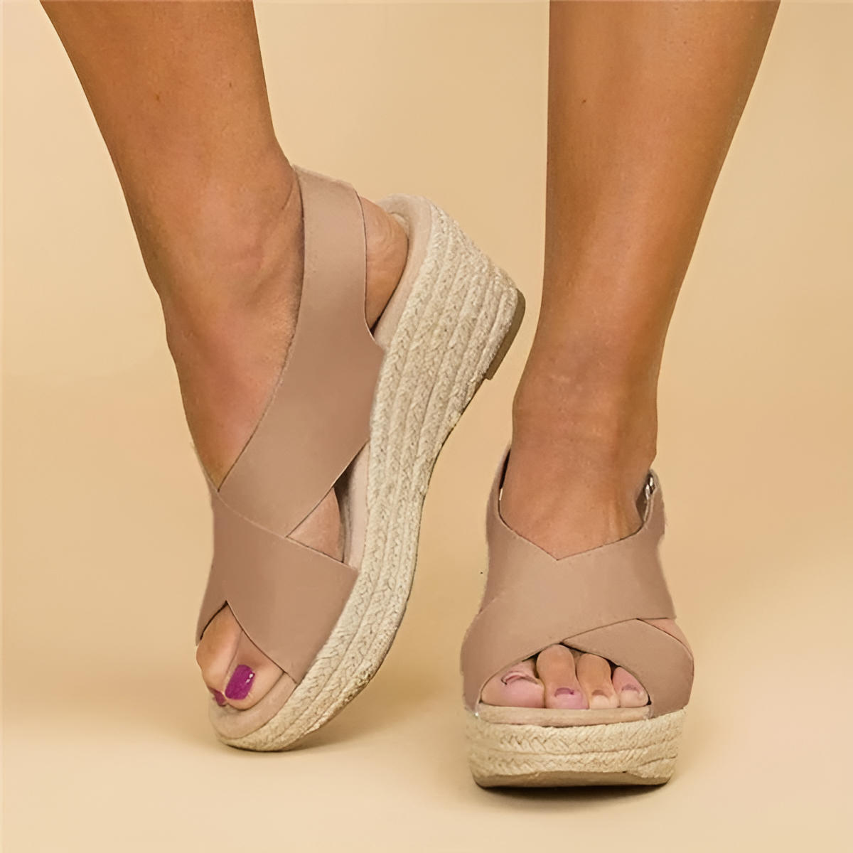 Sandales en Cuir à Talon Wedge Type Espadrille avec Bandes Croisées pour Femme