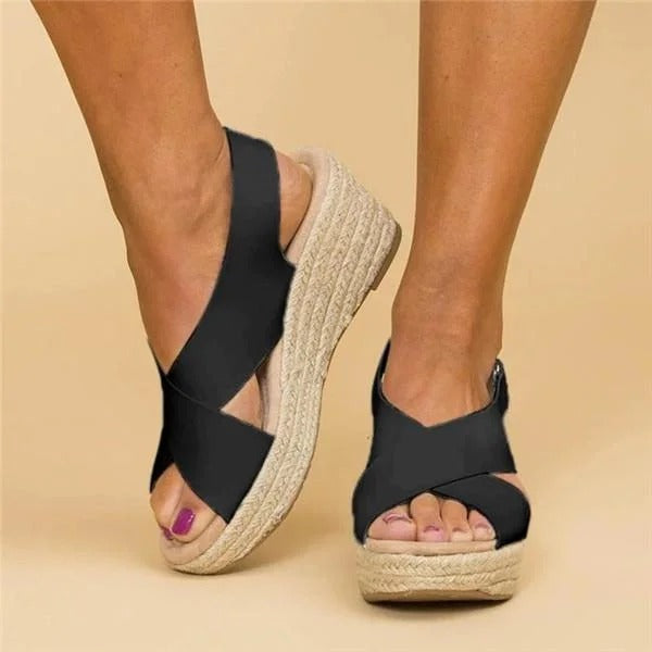 Sandales en Cuir à Talon Wedge Type Espadrille avec Bandes Croisées pour Femme