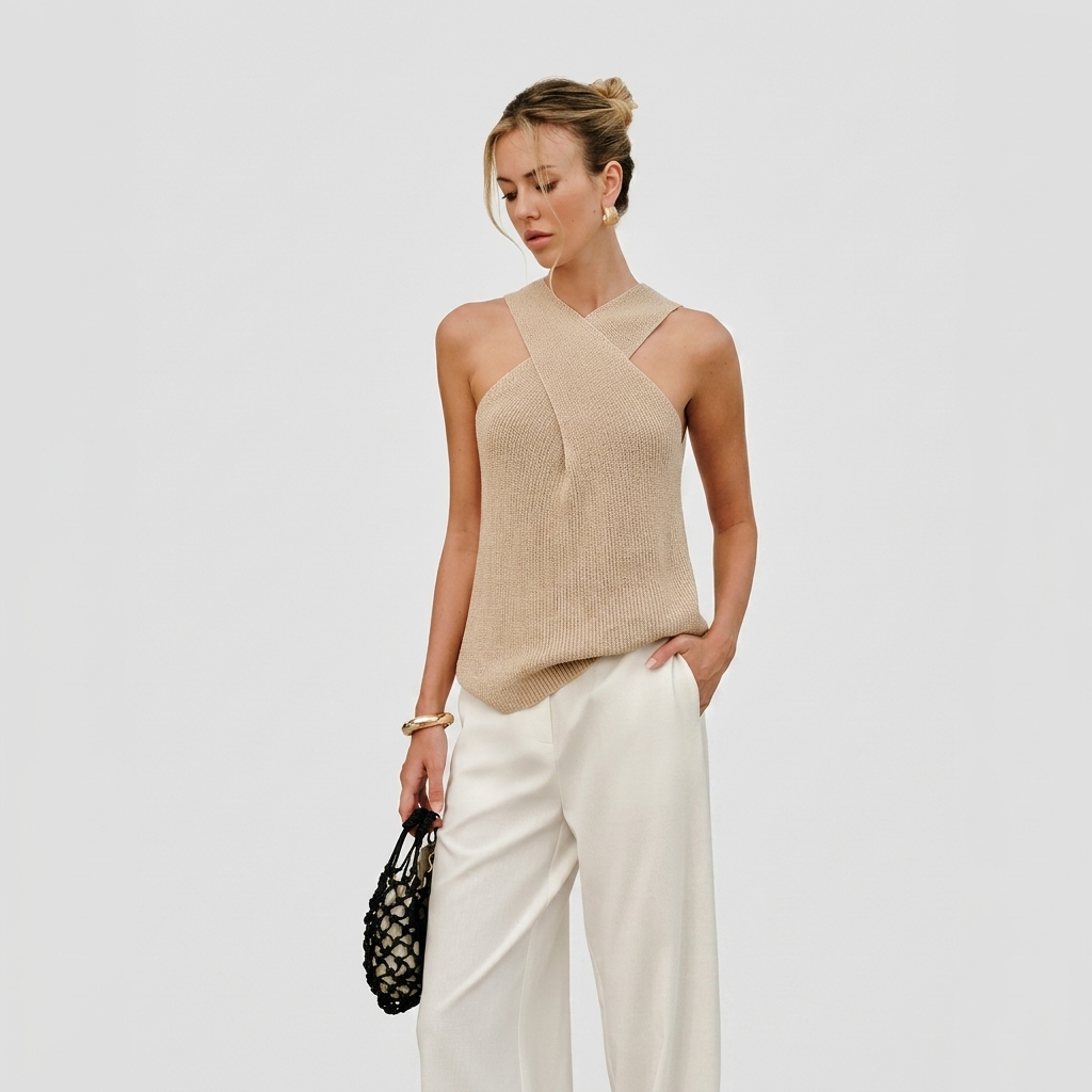 Haut Femme Col Halter Croisé Sans Manches Élégant d’Été