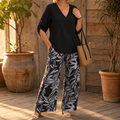 Lark & Palm – Ensemble top à col en V pour femmes et pantalon large à imprimé feuilles
