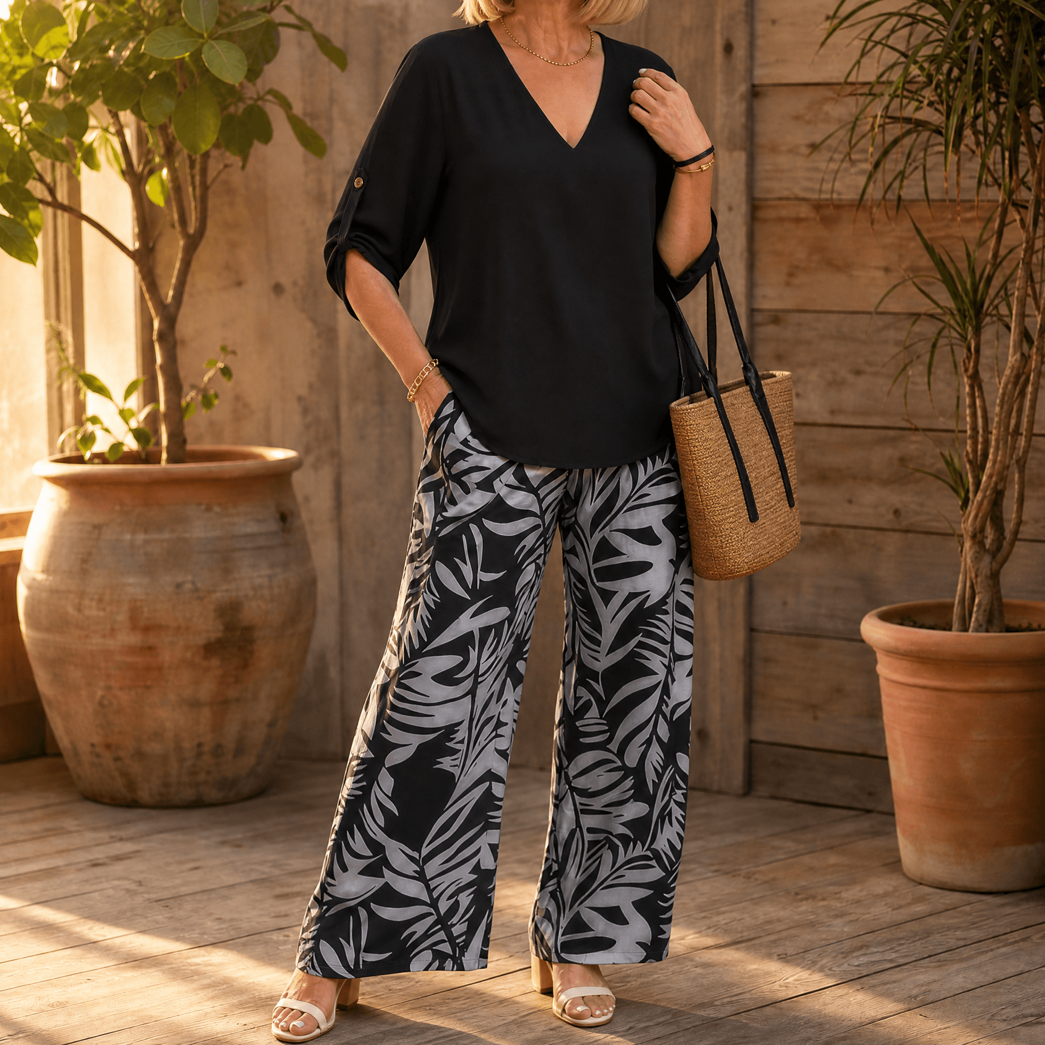 Lark & Palm – Ensemble top à col en V pour femmes et pantalon large à imprimé feuilles