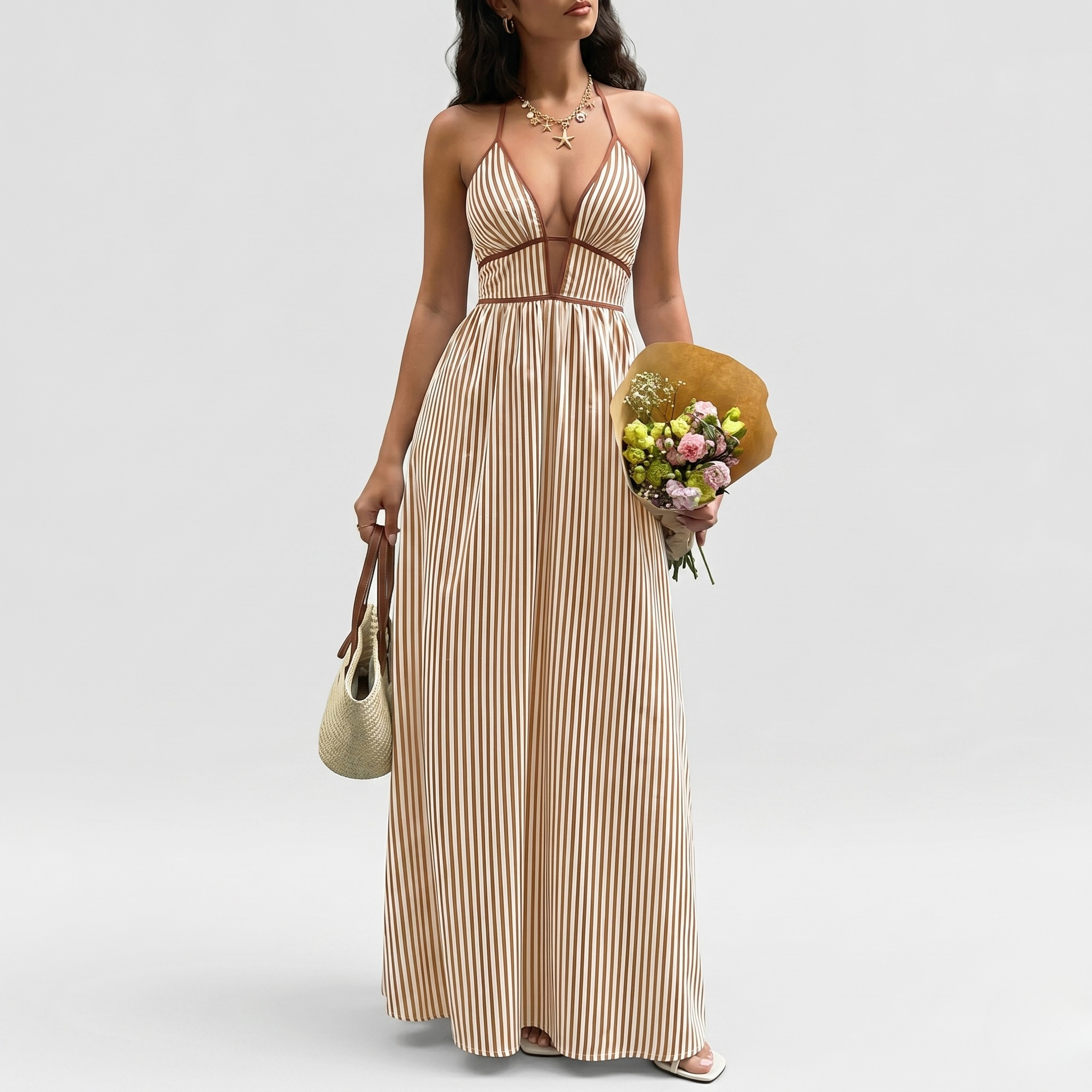 Robe Maxi Femme Rayée Col Halter Sans Manches Col V Élégante d’Été