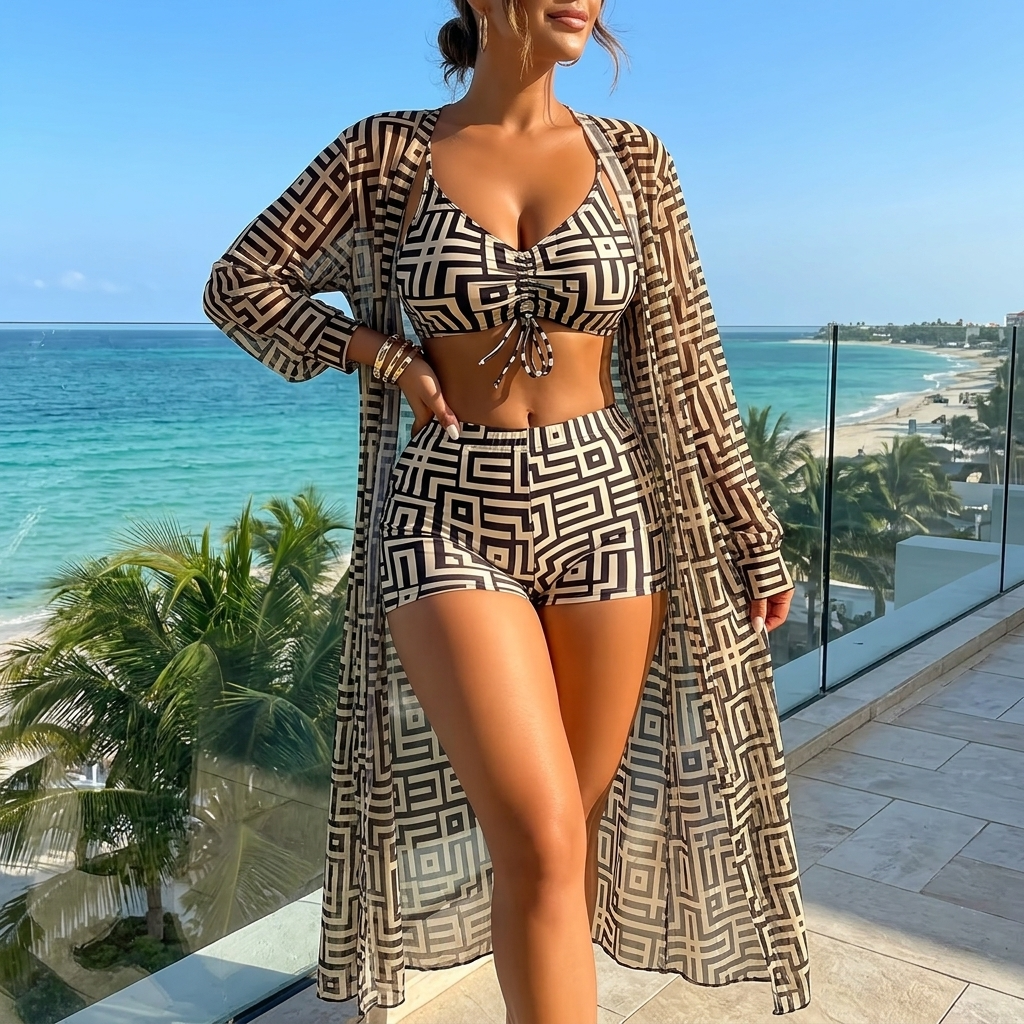Solena – Ensemble de maillot de bain géométrique 3 pièces avec couverture