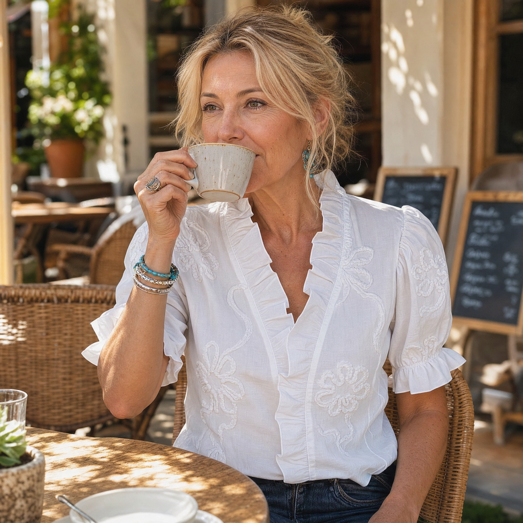 Blouse Romantique à Volants en V avec Manches Bouffantes Belvera