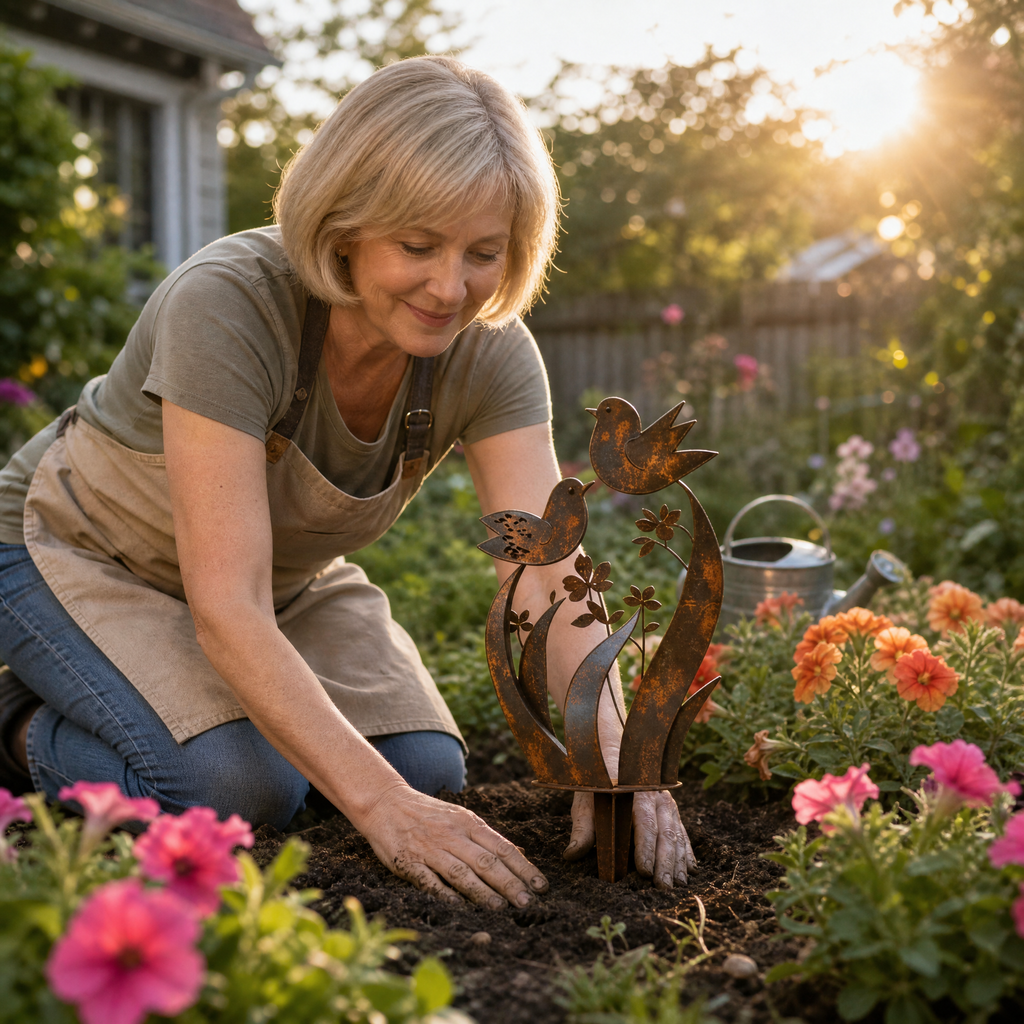 Lark & Iron – Piquet de Jardin Rustique avec Oiseau et Fleurs Sauvages