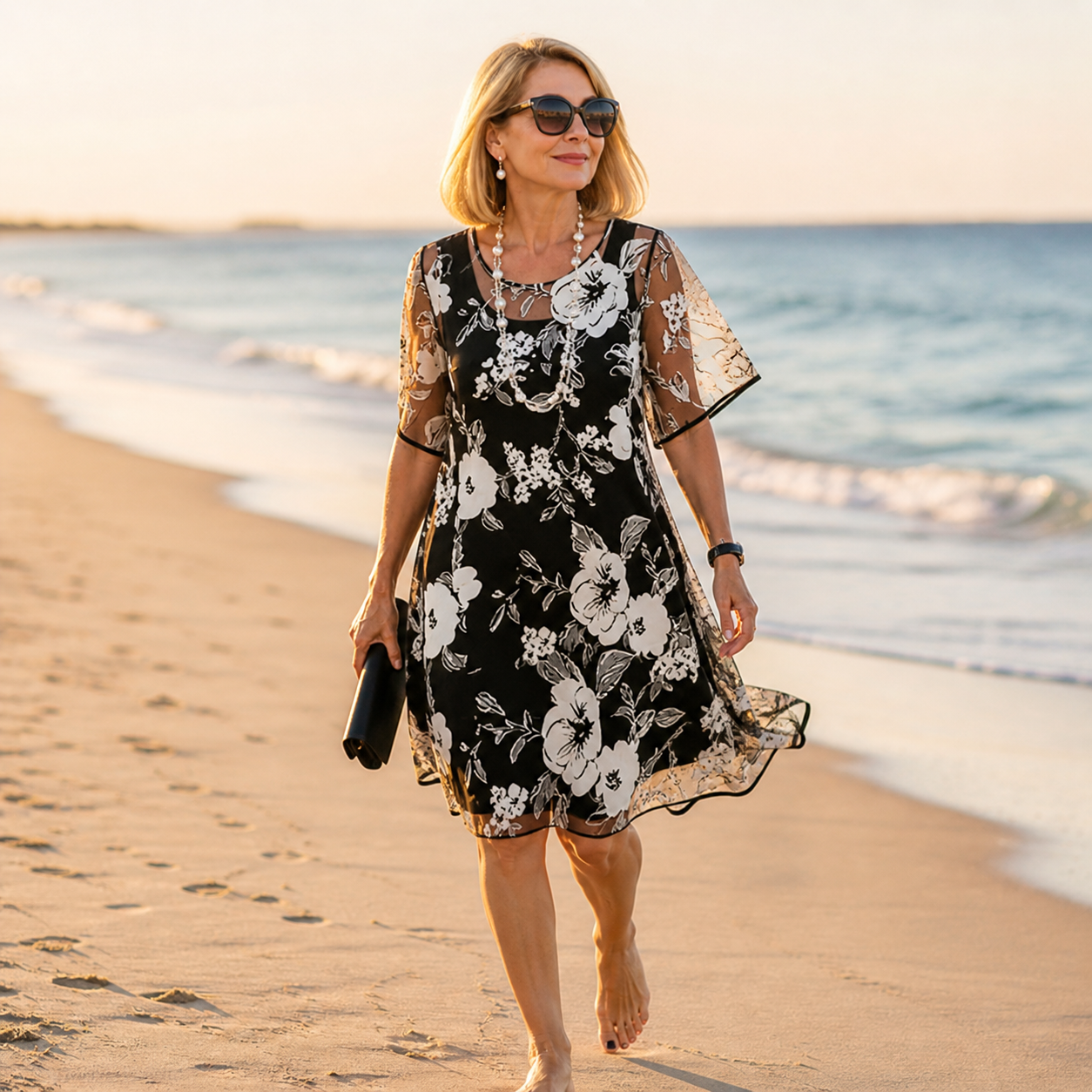 Solenya – Robe en Chiffon Floral pour Femmes avec Superposition Transparente