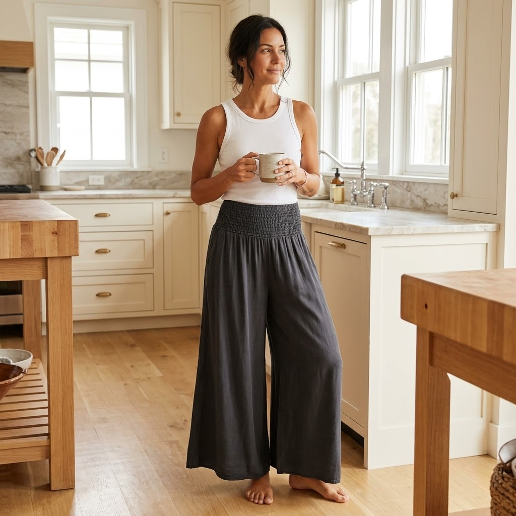 Palazza – Pantalons Palazzo à Taille Smockée et Jambes Amples