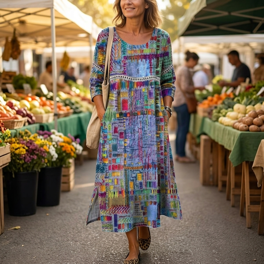 Tessara – Robe midi imprimée artisanale pour femmes avec poches