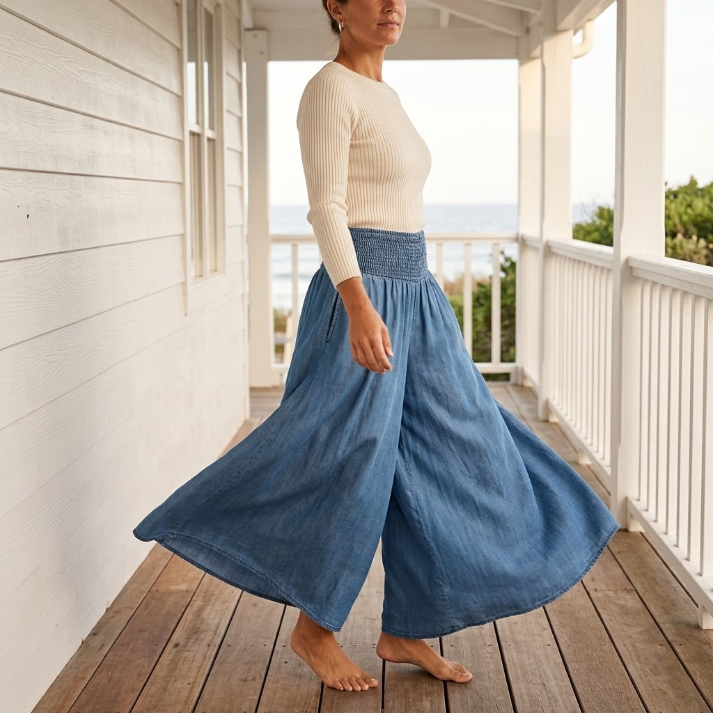 Palazza – Pantalons Palazzo à Taille Smockée et Jambes Amples