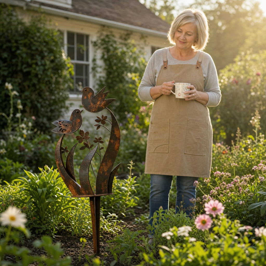 Lark & Iron – Piquet de Jardin Rustique avec Oiseau et Fleurs Sauvages