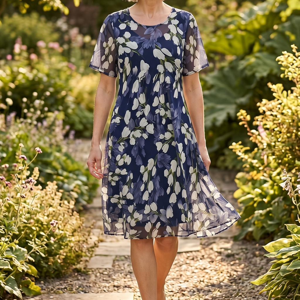 Florenza – Robe Midi Florale Élégante Marine pour Femmes