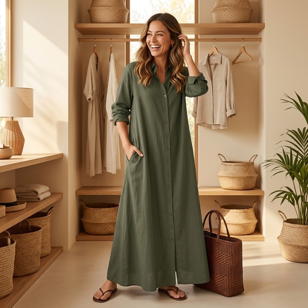 Marivelle – Robe Chemise Maxi Femme sans Effort avec Poches