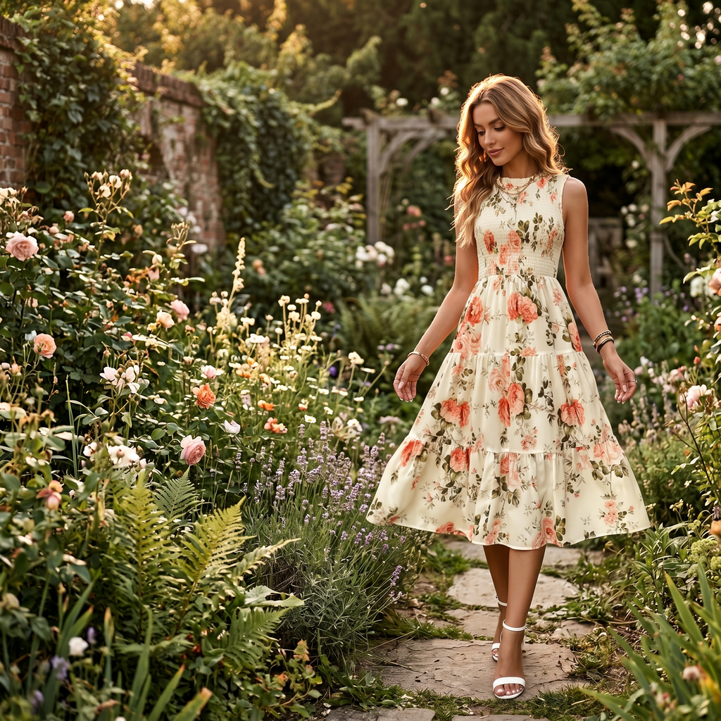 Florenza – Robe midi florale à smocks pour femmes