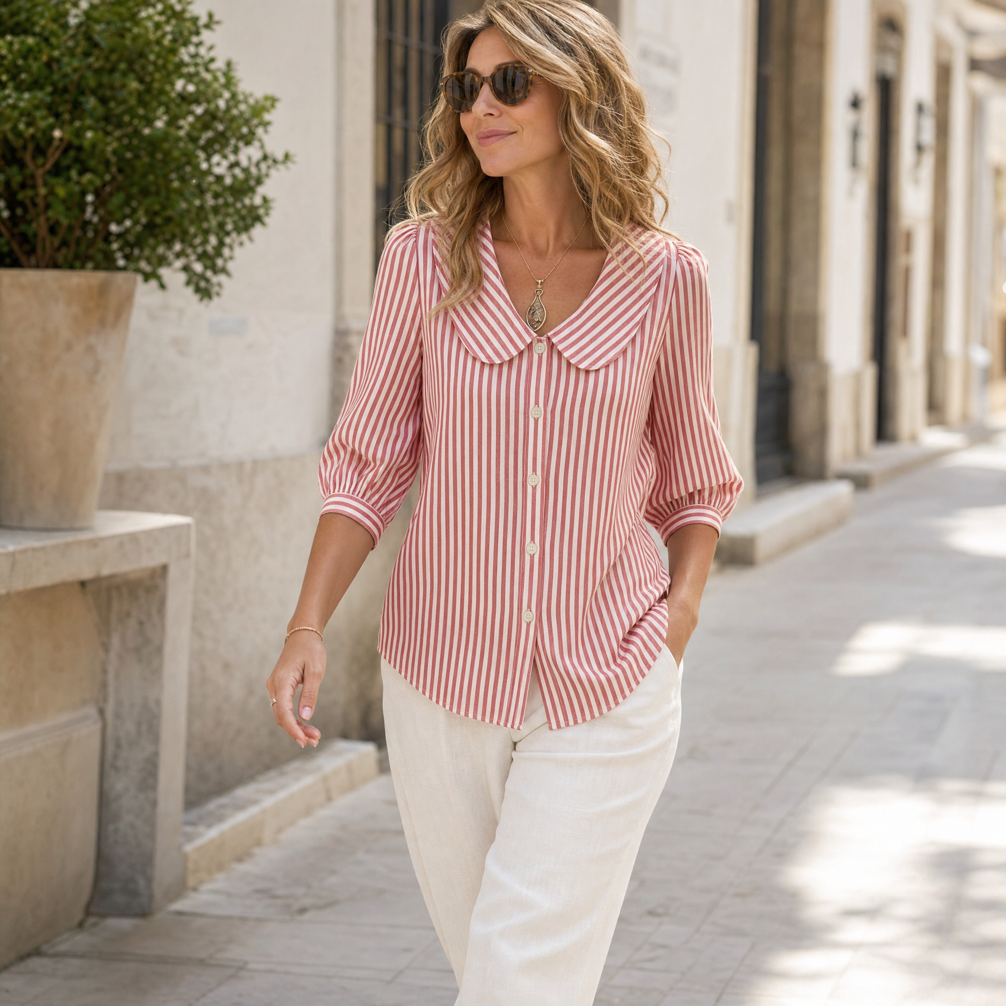 Blouse à col marin rayée Solène avec manches bouffantes
