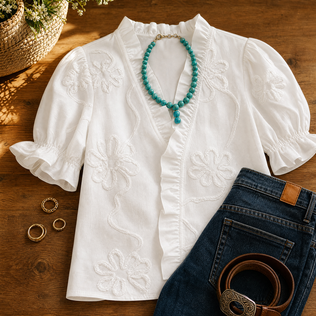 Blouse Romantique à Volants en V avec Manches Bouffantes Belvera