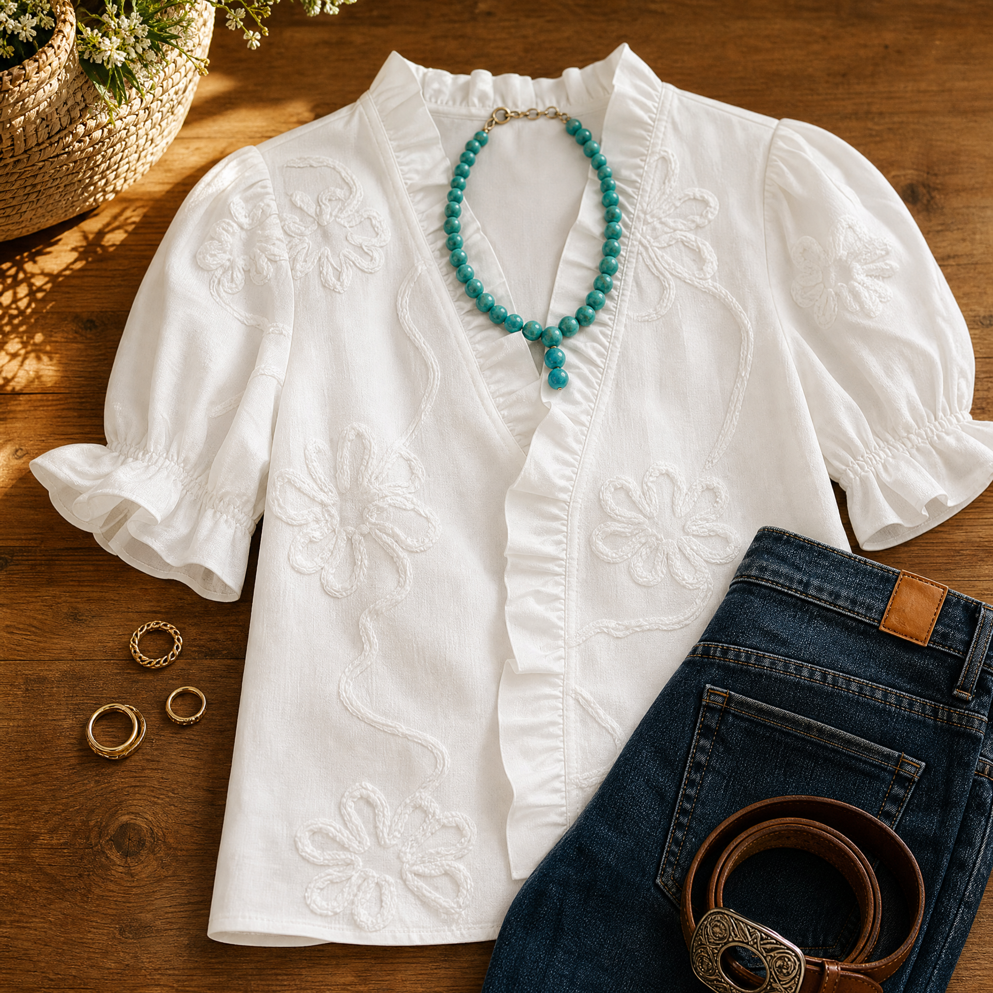 Blouse Romantique à Volants en V avec Manches Bouffantes Belvera