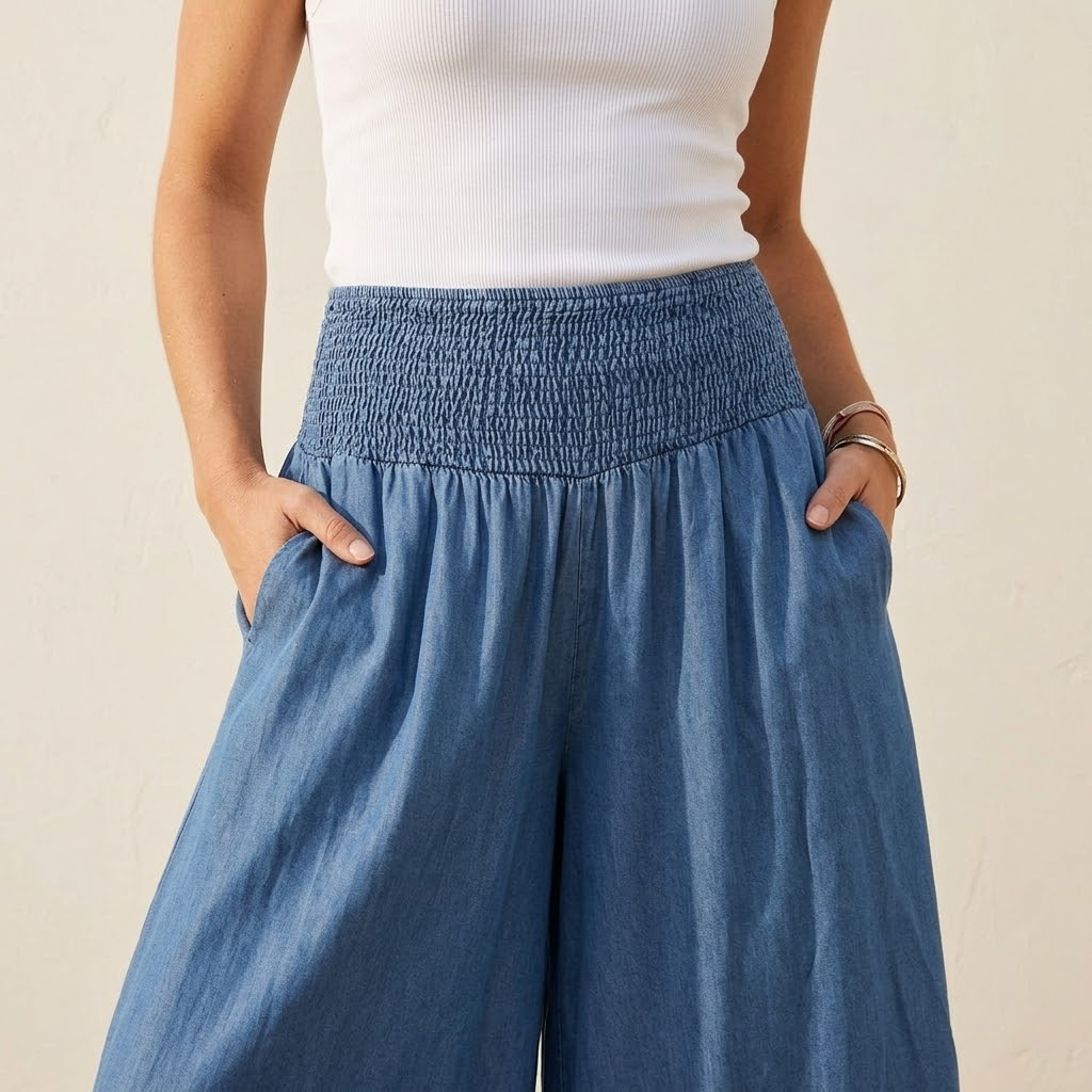 Palazza – Pantalons Palazzo à Taille Smockée et Jambes Amples