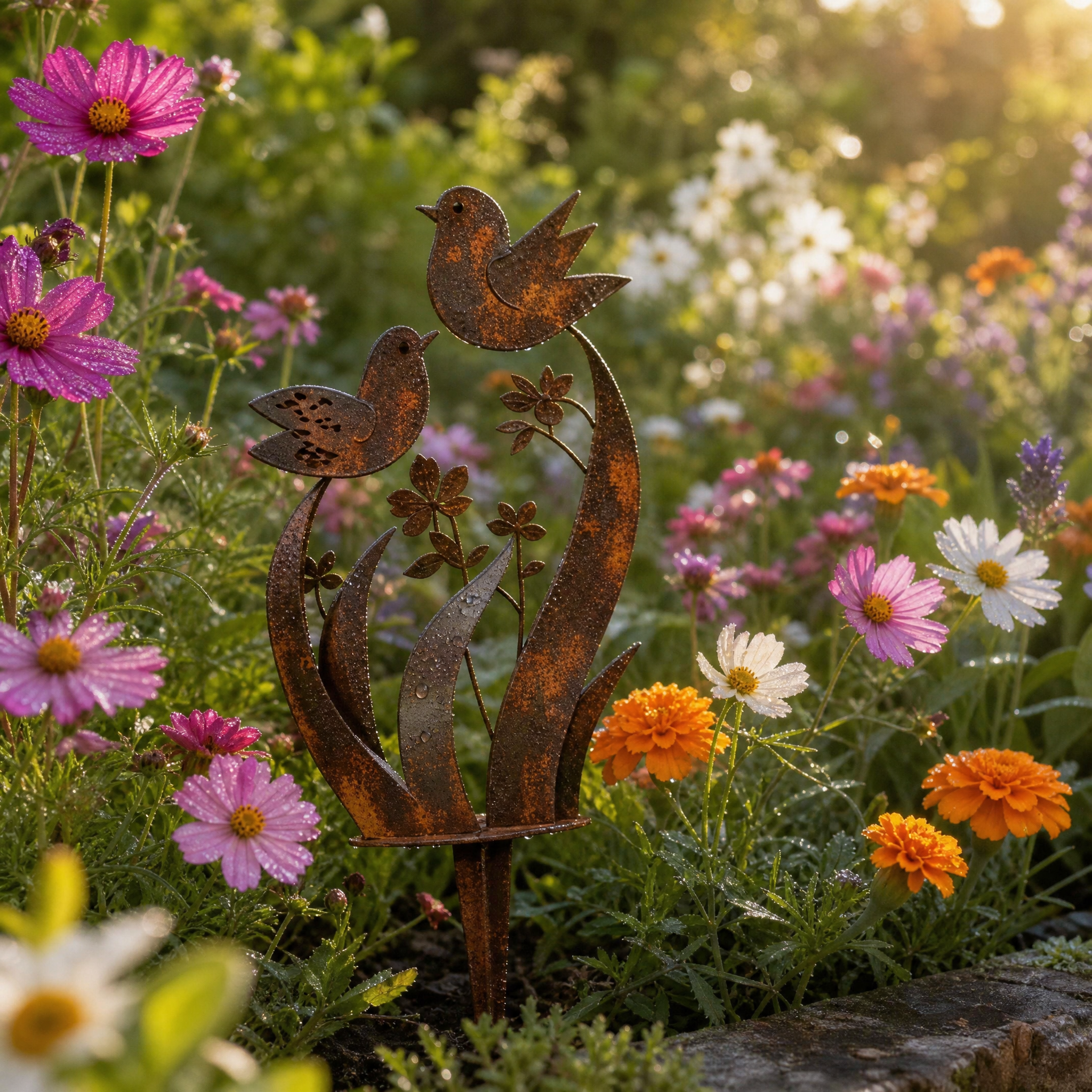 Lark & Iron – Piquet de Jardin Rustique avec Oiseau et Fleurs Sauvages