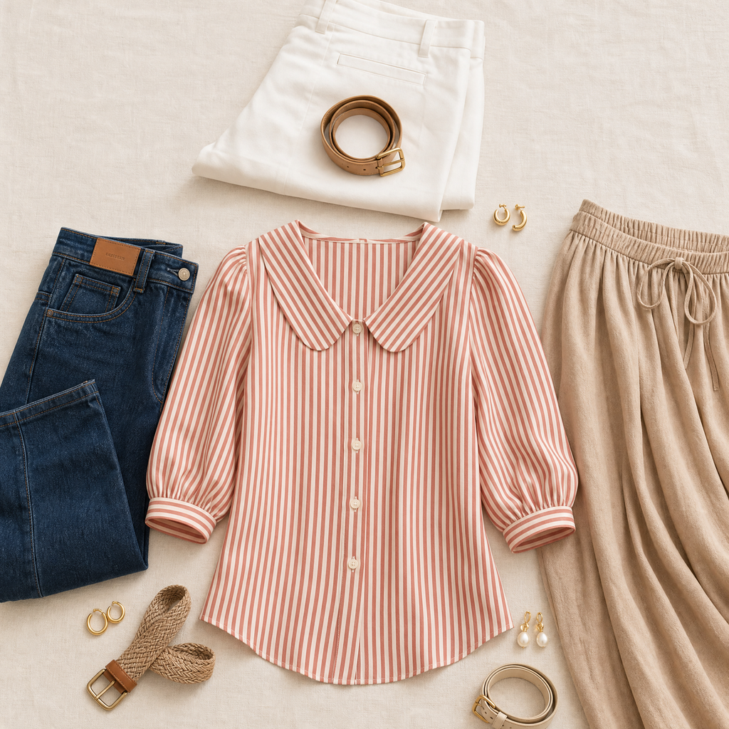 Blouse à col marin rayée Solène avec manches bouffantes