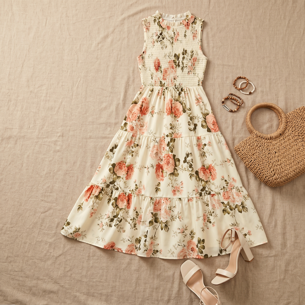 Florenza – Robe midi florale à smocks pour femmes