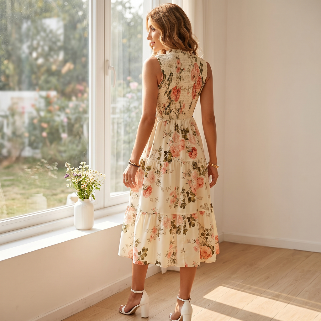 Florenza – Robe midi florale à smocks pour femmes
