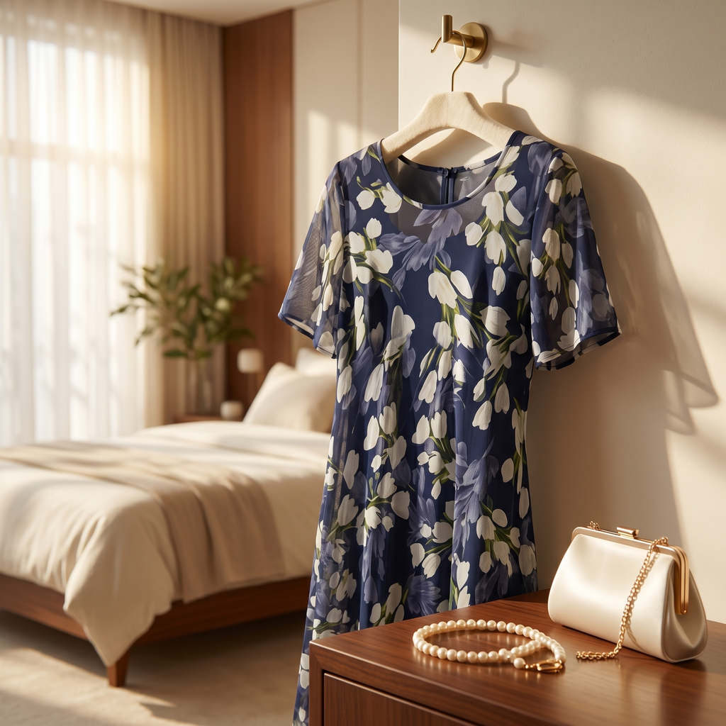 Florenza – Robe Midi Florale Élégante Marine pour Femmes