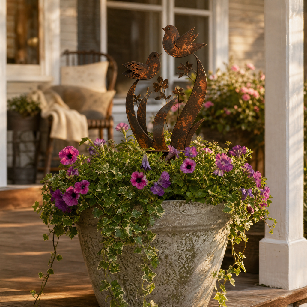 Lark & Iron – Piquet de Jardin Rustique avec Oiseau et Fleurs Sauvages