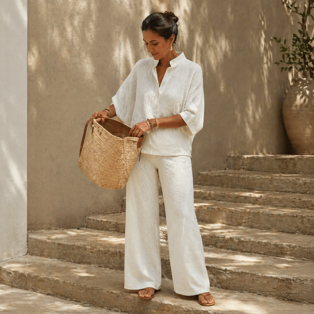 Vienelle – Ensemble Deux Pièces en Tricot Waffle pour Femmes