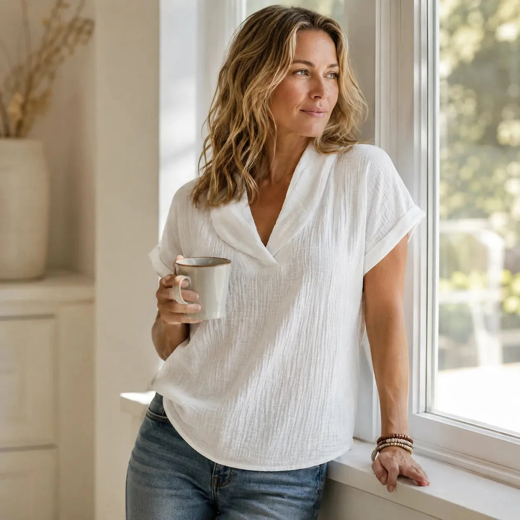Sevella – T-shirt d'été à col en châle texturé pour femmes, coupe décontractée